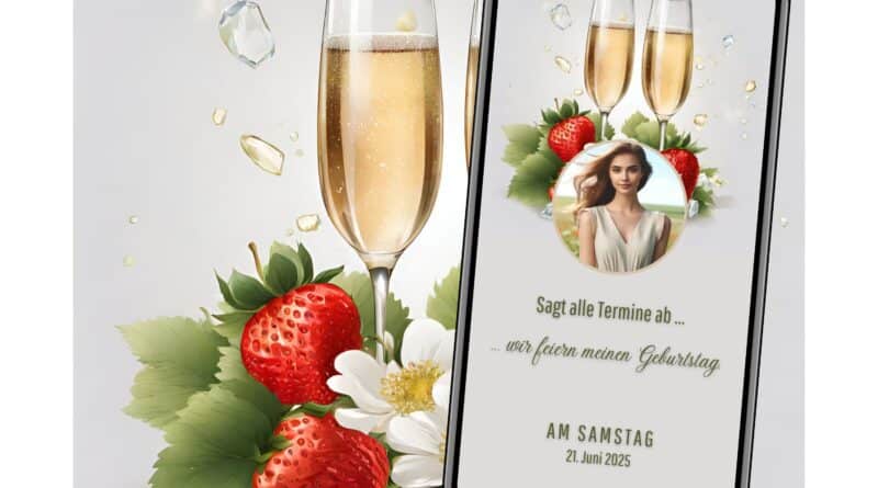 WhatsApp Geburtstagseinladung Champagner und Erdbeeren